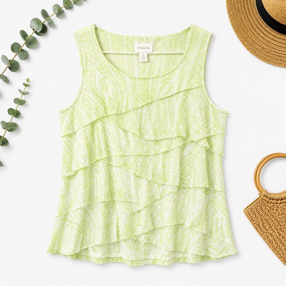 Chicos Lime Green‎ White Ruffle Tiered Sleeveless Blouse Top Size 1 Medium